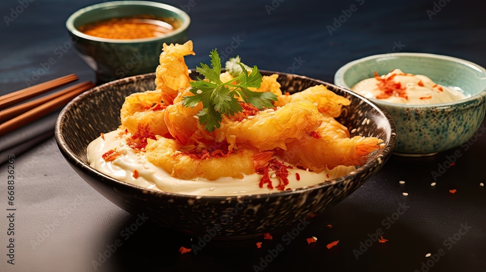 Poster a close up of a bowl of food with chopsticks on a table next to a bowl of rice and a bowl of sauce w