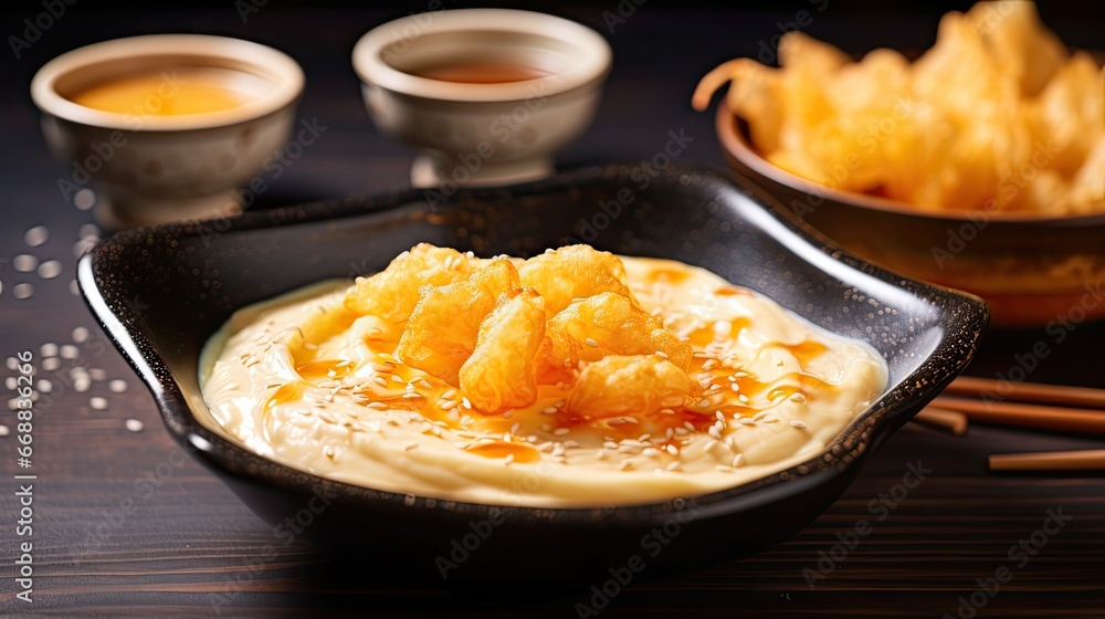 Poster a close up of a bowl of food on a table with bowls of dipping sauce and chopsticks on the side of th