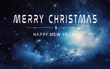 Merry Christmas and new year greeting card. Beautiful Winter scene of a snowy landscape at night. Christmas text Calligraphic