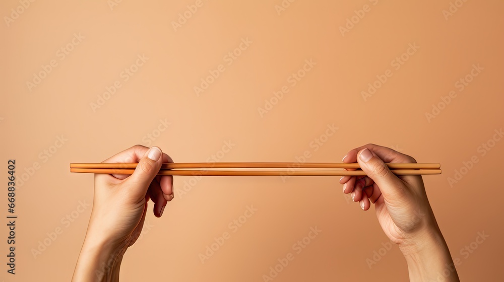 Poster a pair of hands holding a pair of chopsticks over a brown background with a brown wall in the backgr