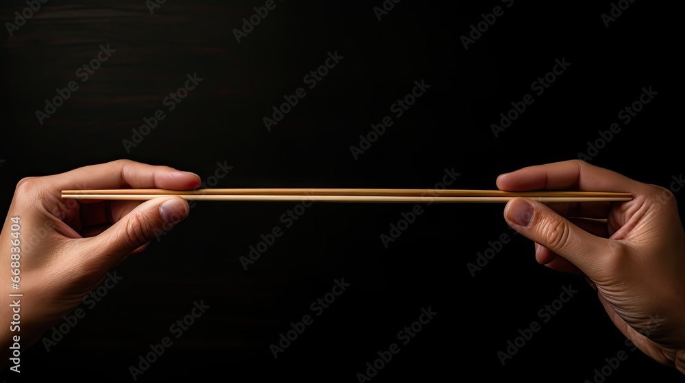 Poster two hands holding a pair of chopsticks in front of a black background with one hand holding a chopst