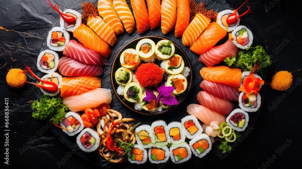 Poster a platter of sushi is arranged in a circle on a black surface with a variety of vegetables and sauce