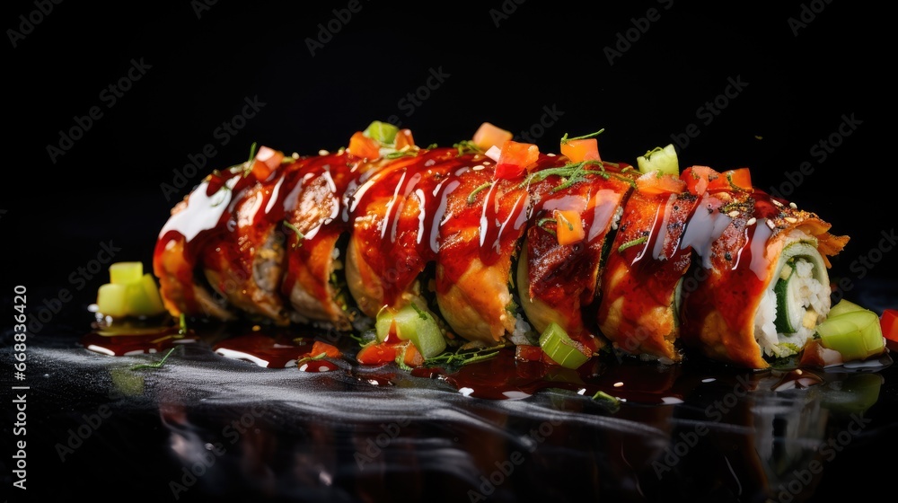 Poster a close up of a sushi roll covered in sauce and garnished with cucumbers and other vegetables on a b