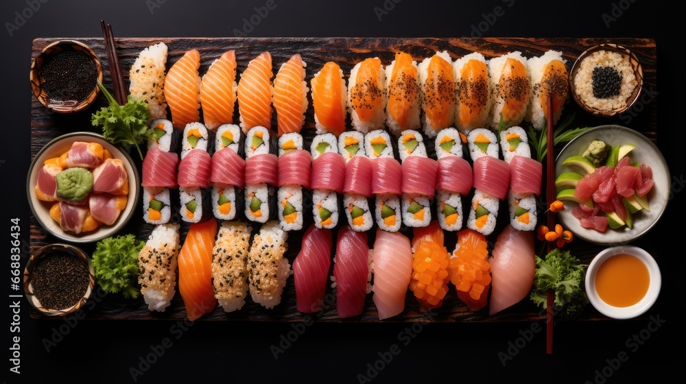 Poster  a sushi platter with various types of sushi and sauces on a wooden tray with chopsticks and a small bowl of dipping sauce on the side.  generative ai