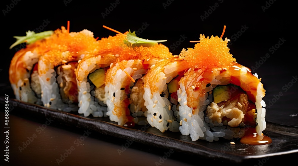 Poster a close up of a sushi on a plate with sauce on the side of the sushi and the rest of the sushi on th