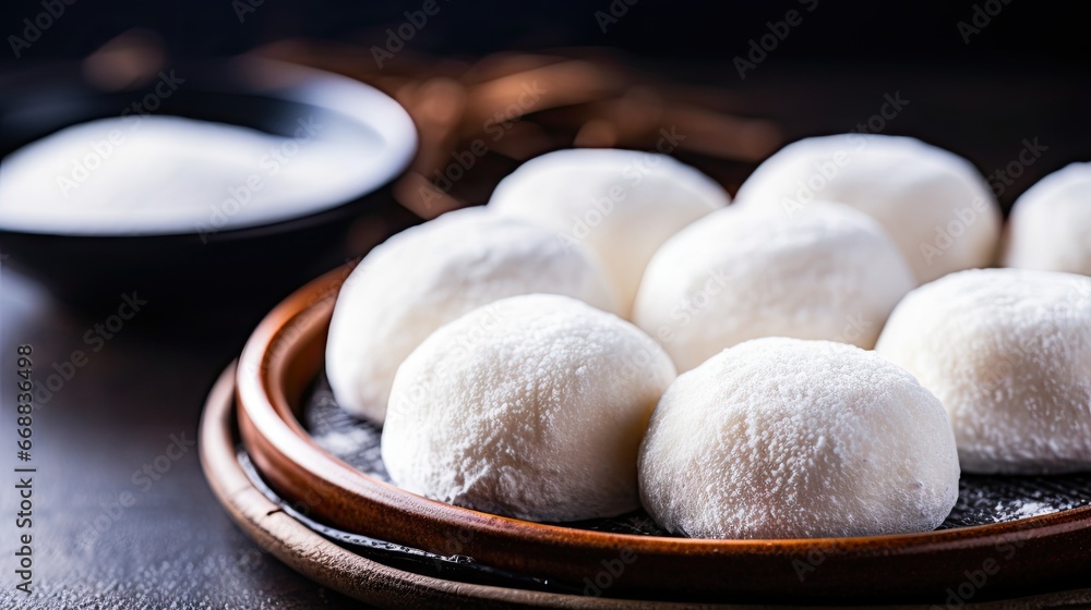 Poster a close up of a plate of food on a table with a bowl of powdered sugar and a bowl of powdered sugar 