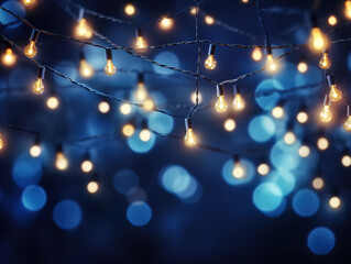 Obraz na płótnie Canvas Christmas Garland Bokeh Lights on Dark Blue Background. Generative Ai