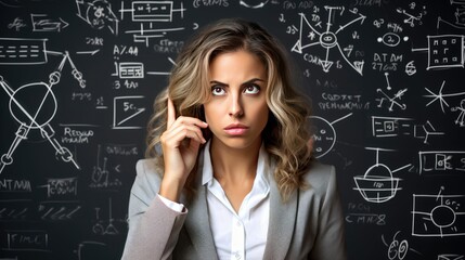 Confused woman in professional attire stands in front of whiteboard covered in complex equations and diagrams. Her bewildered expression, wrinkles, and hand on chin show age and confusion. Hyper-real