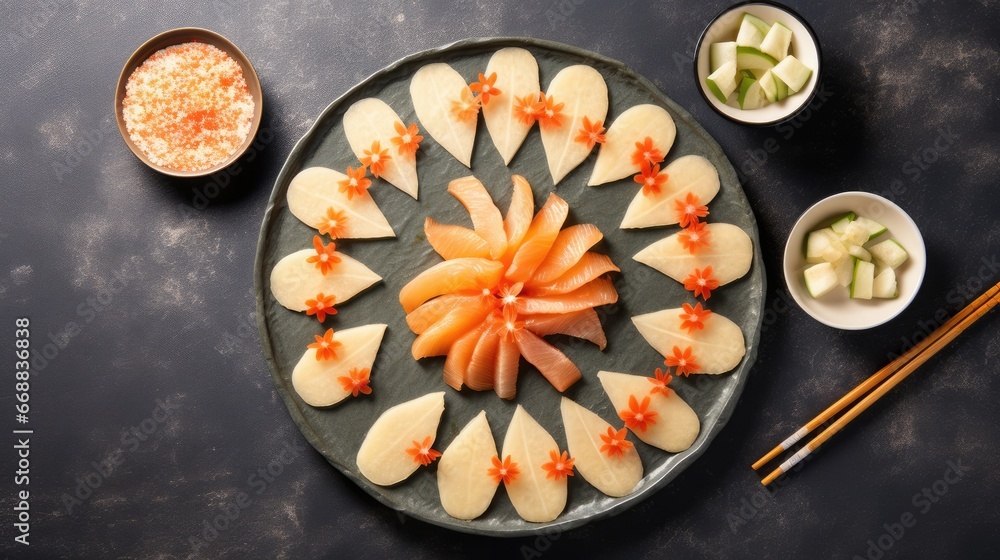 Poster a plate of food on a table with chopsticks and a bowl of chopsticks and a bowl of chopsticks and a b