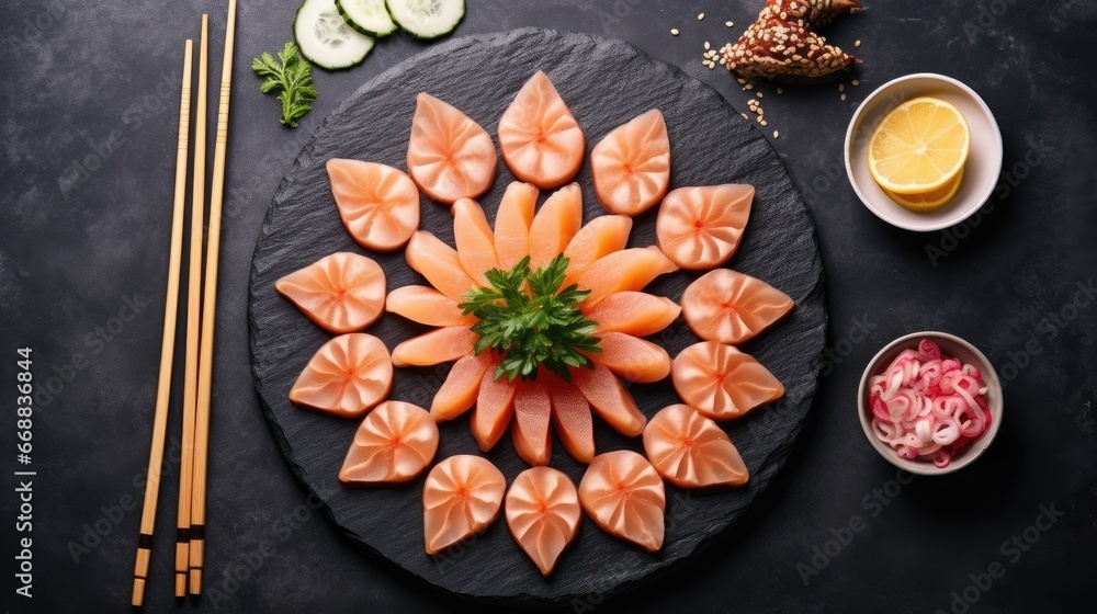 Poster a plate of food with chopsticks next to a bowl of cucumbers and cucumber slices on a plate with chop