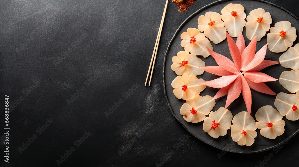 Poster a plate of food on a table with chopsticks and chopsticks in the shape of a flower on a plate with c