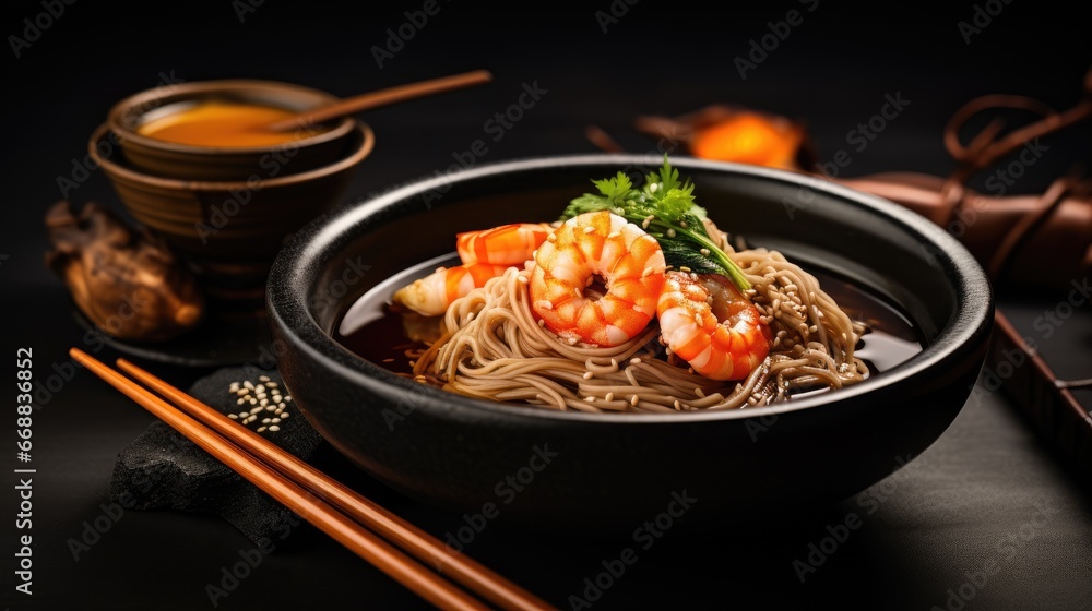 Poster a close up of a bowl of food with chopsticks and a bowl of soup in the background with chopsticks in