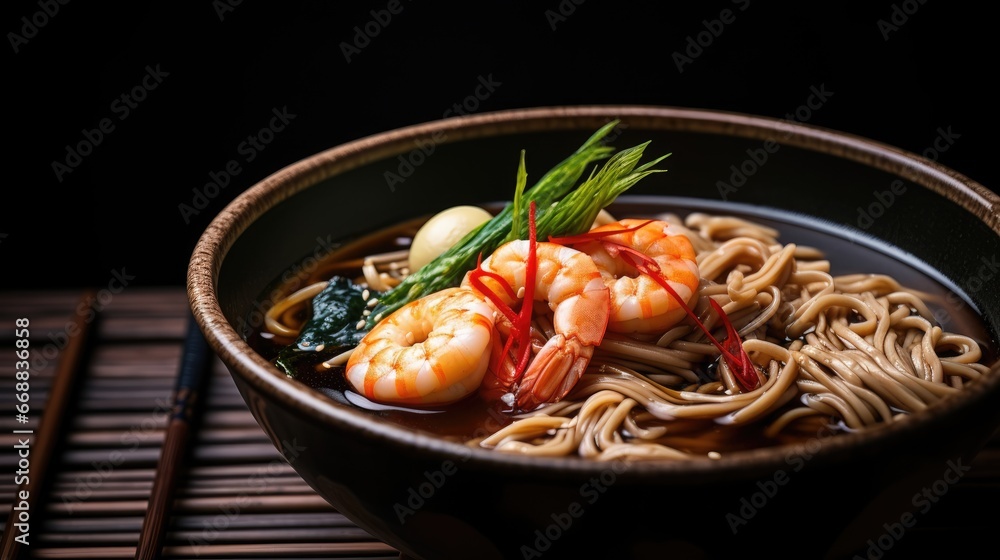 Poster a close up of a bowl of food with noodles and shrimp on a table with chopsticks and chopsticks in fr
