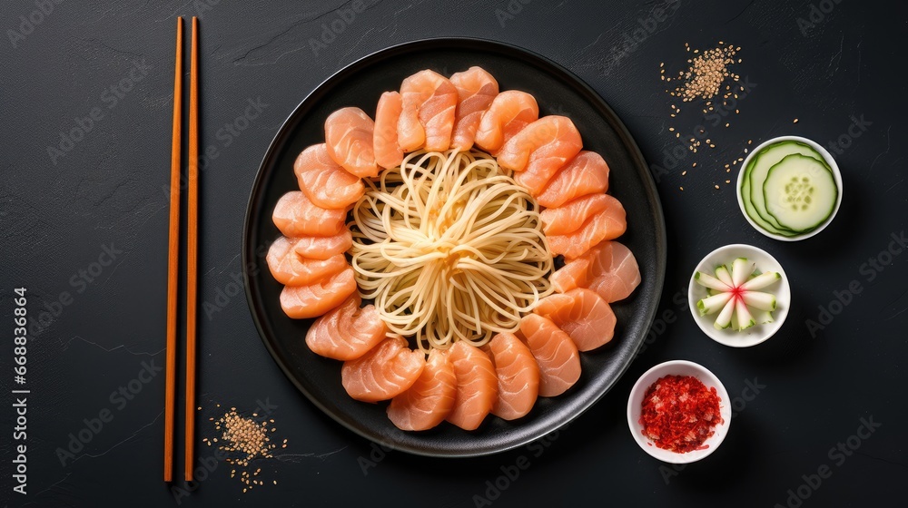 Poster a black plate topped with sushi and chopsticks next to a bowl of chopsticks and a bowl of cucumber a