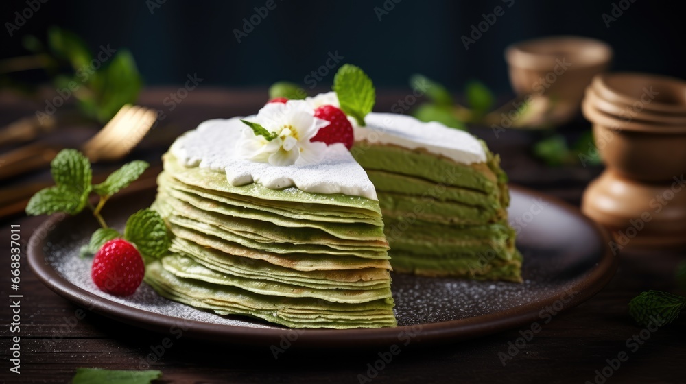 Poster a stack of green pancakes topped with whipped cream and raspberries on a plate next to a fork and a 
