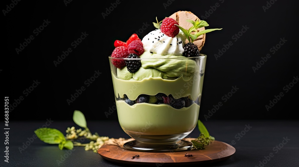 Poster a close up of a dessert in a glass with berries on top and whipped cream on the top of the dessert a