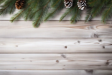 Christmas background with border from pine branches and decorations on white wooden table