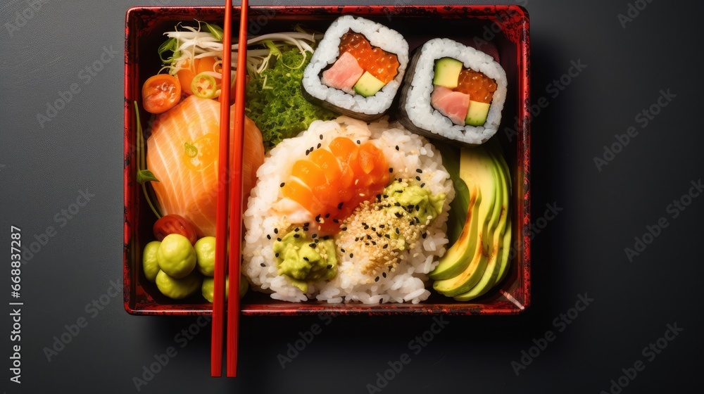 Poster a close up of a sushi box with chopsticks and chopsticks on the side of the box and sushi on the oth
