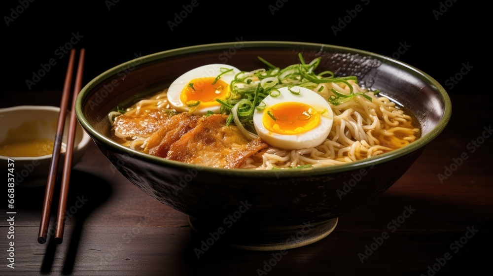 Aufkleber a bowl of ramen with hard boiled eggs and noodles with chopsticks on a wooden table with a bowl of s