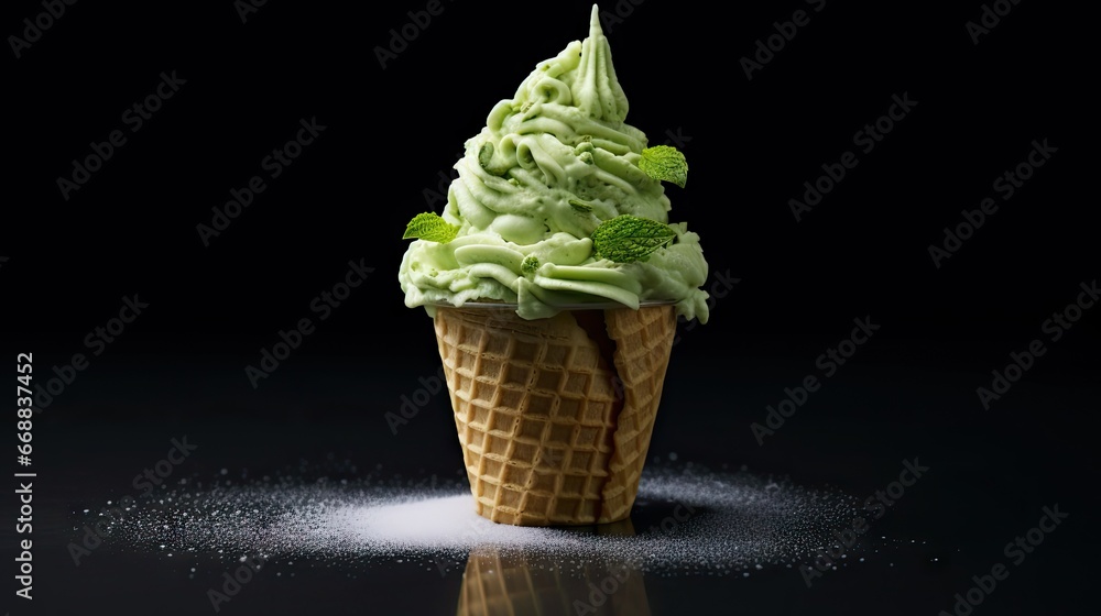 Poster a scoop of green ice cream in a waffle cone with sprinkles on a black surface with a reflection of t