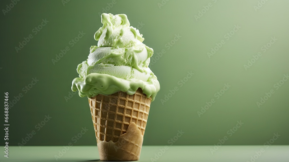 Poster a scoop of ice cream in a waffle cone with green icing on a green surface with a light green backgro