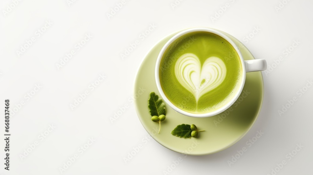 Poster a cup of matcha latte with a heart drawn in the foam on top of the latte is garnished with green lea