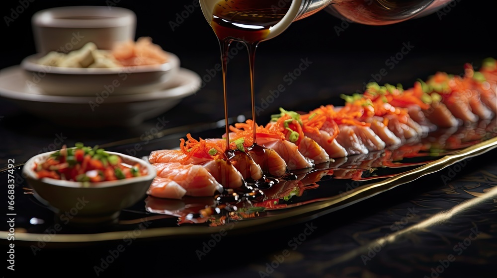 Poster a plate of sushi being drizzled with a drizzle of sauce on a plate with a bowl of vegetables and a b