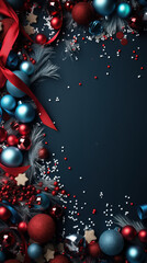 Festive steel blue background with empty space, adorned with Christmas decorations,copy space frame
