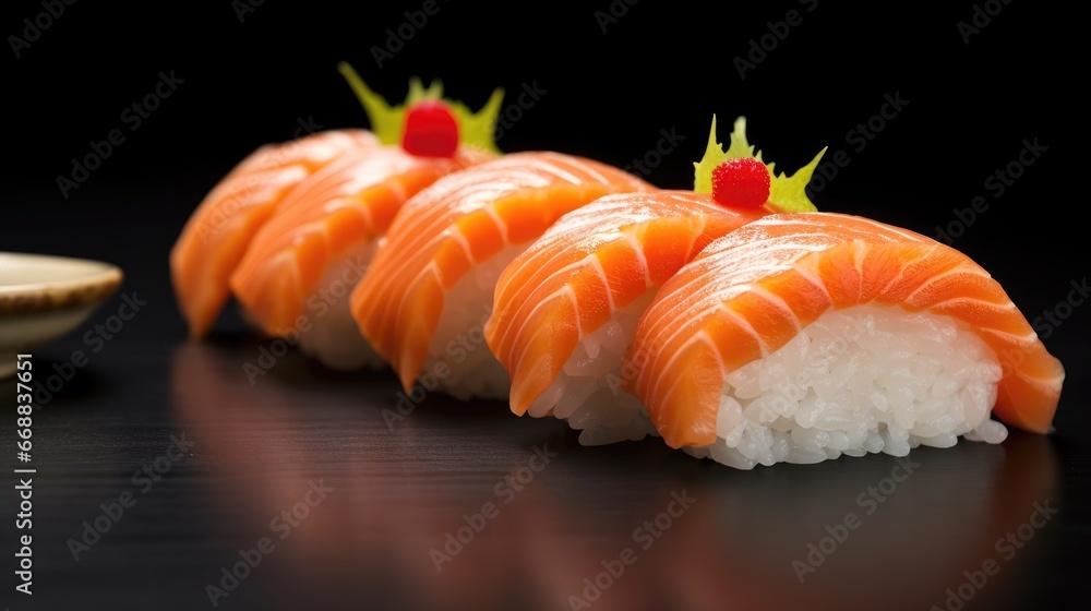 Poster a close up of sushi on a black surface with a spoon in the foreground and a plate in the background 