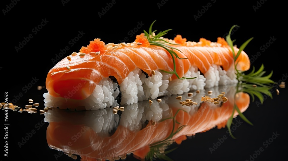 Poster a piece of sushi sitting on top of a black surface next to a black surface with a small amount of se