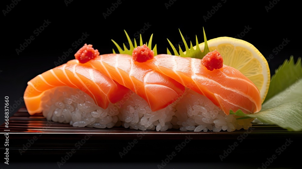 Poster a close up of a sushi on a plate with a slice of lemon and a slice of lime on top of the sushi on th