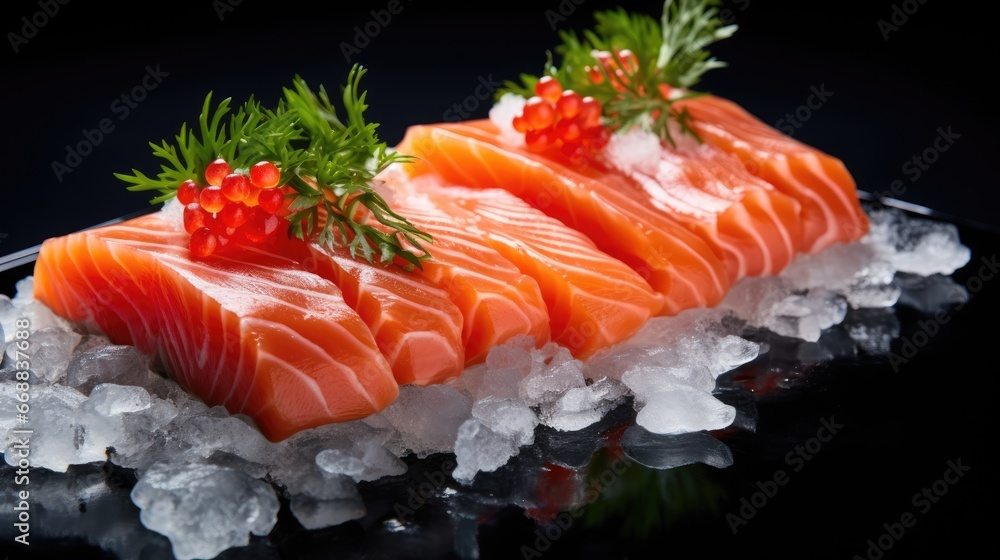 Poster a close up of a piece of salmon on a bed of ice with a garnish on the end of the piece of salmon on 