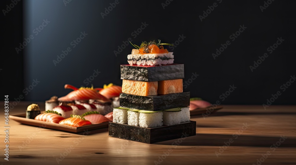 Poster a stack of sushi sitting on top of a wooden table next to another stack of sushi on top of a wooden 