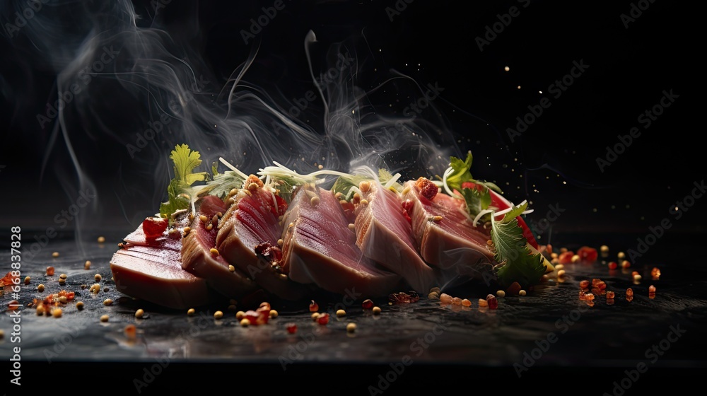 Poster a pile of meat sitting on top of a table next to a pile of sprouts of lettuce on top of some sort of