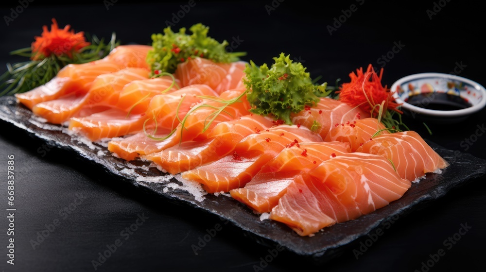 Poster a close up of a plate of fish on a table with a dipping sauce on the side of the plate and a small b