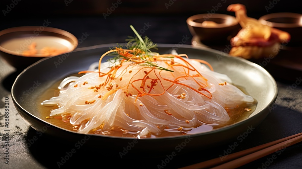 Poster a close up of a plate of food on a table with chopsticks and a bowl of soup in the background with c
