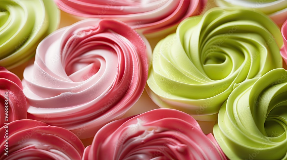 Poster a close up of a bunch of different colored doughnuts with icing in the shape of spirals on top of ea