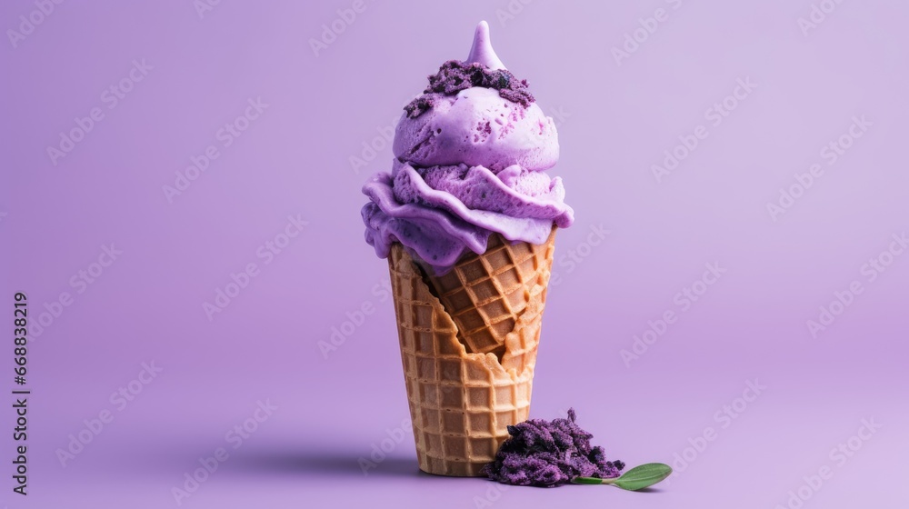 Poster an ice cream cone with purple icing and a sprig of sage on top of it on a purple background with a s