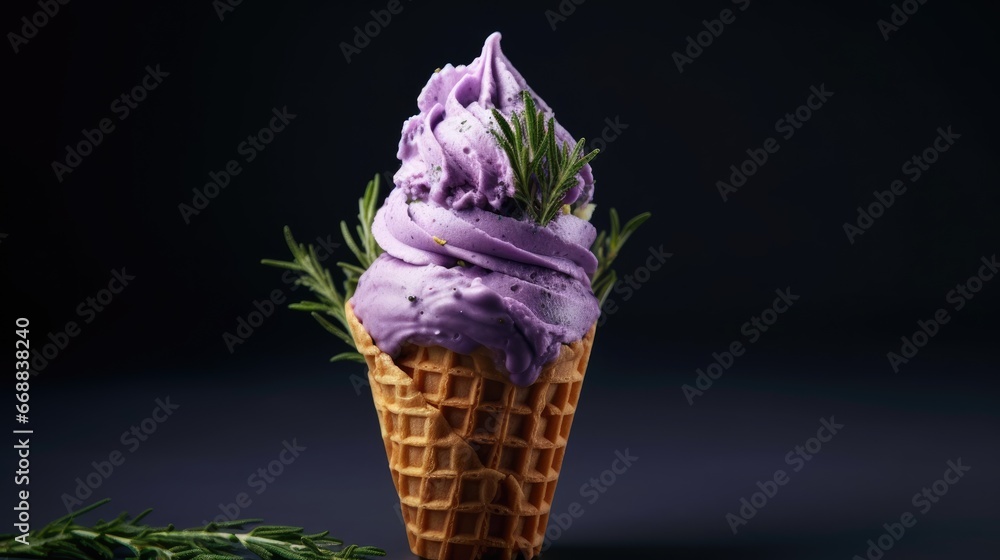 Poster a purple ice cream in a waffle cone with a sprig of rosemary on top of it on a dark background with 