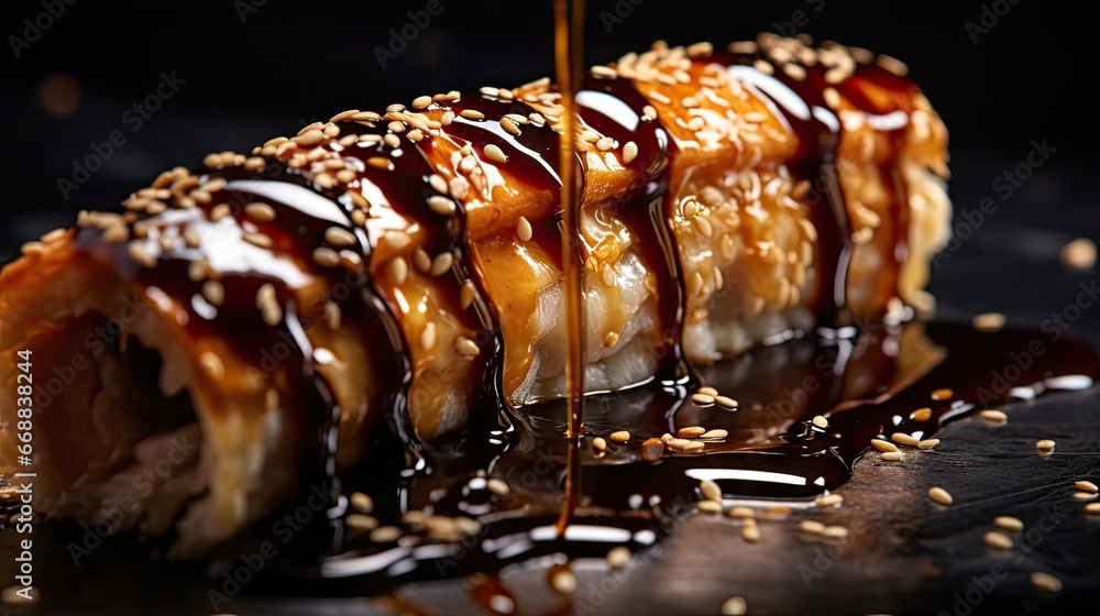 Poster a piece of sushi with sesame seeds drizzled on top of it and drizzled with sesame seeds on the side 