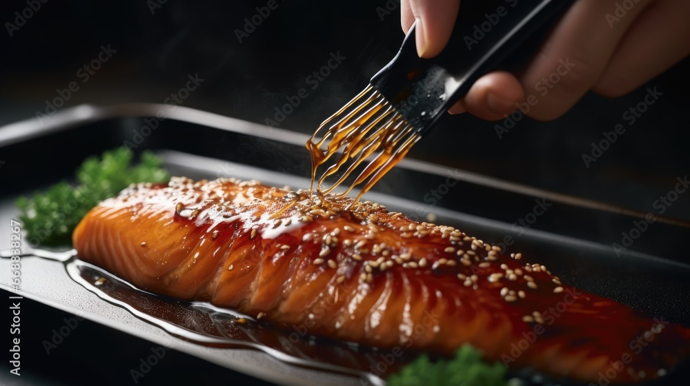 Poster a close up of a person holding a fork and a piece of salmon on a plate with sesame seeds on top of i