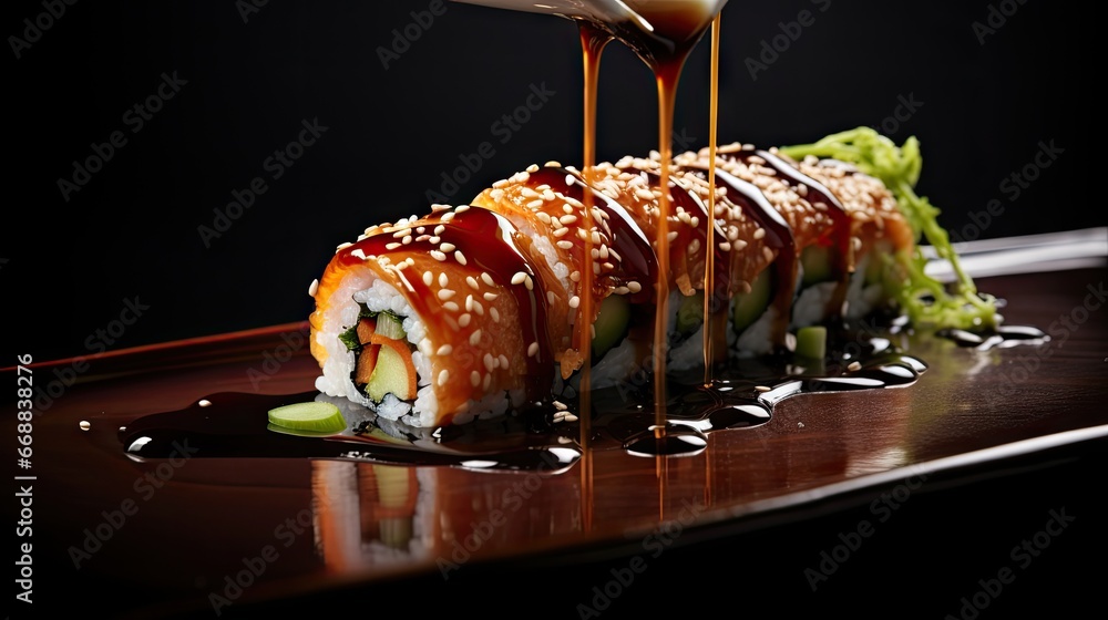 Poster a piece of sushi is being drizzled with sauce on a black plate with a garnish of cucumber and lettuc