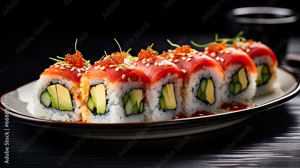 Poster a plate of sushi on a table with a cup of coffee in the background and a glass of water in front of 