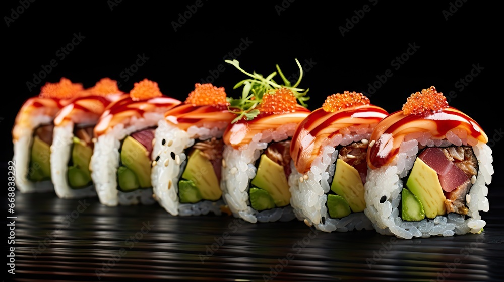 Poster a row of sushi rolls with avocado and salmon on top of each other on a reflective surface with a bla