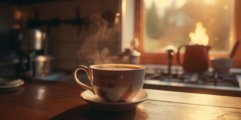 hot cup of coffe closeup in kitchen.