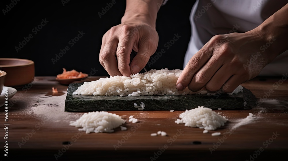 Aufkleber a person preparing food on a cutting board on a table with chopsticks and chopsticks in front of the