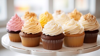 Cupcakes with buttercream frosting on a white plate. - obrazy, fototapety, plakaty