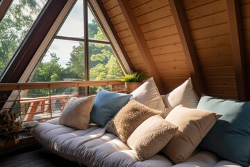 plush pillows and loungers on a loft balcony inside an a-frame house