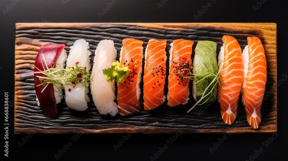 Poster a close up of a plate of sushi with different types of sushi on a wooden tray on a black surface wit