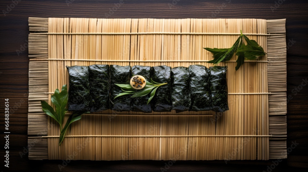 Poster a piece of sushi on top of a bamboo mat with green leaves and a banana on top of the rest of the sus
